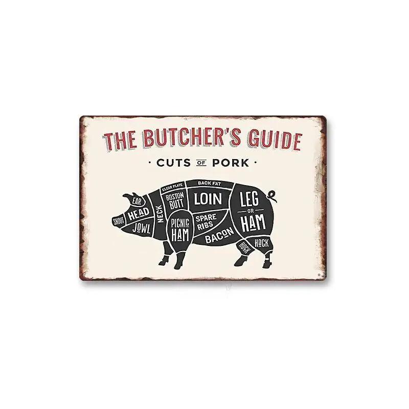 Metal Tin Poster Butcher Beef Pig Retro Metal Tin Signs Posters Plate Wall Decor for Bar Restaurant Cafe Clubs Retro Plaque