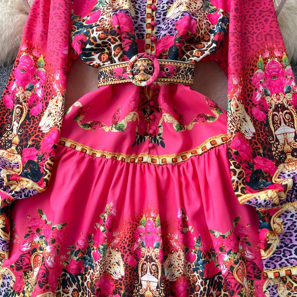 Primavara Toamna Femei Vintage Designer Print Runway Rochie Maneca Lantern Guler Stand Rochii De Petrecere Cu Curea