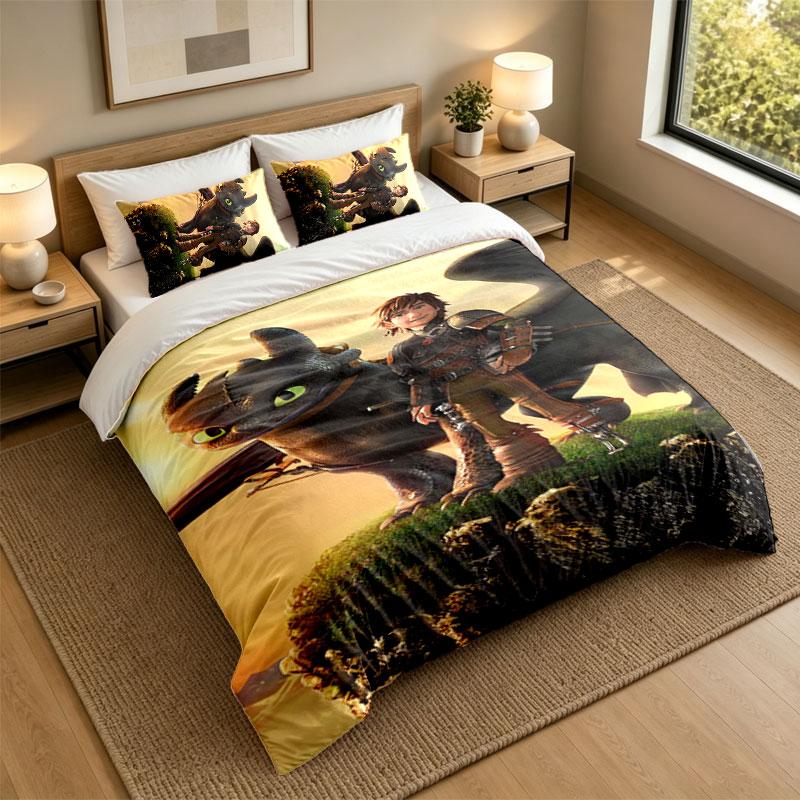 3Pcs Bedding SetHow to Train Your Dragon Soft Bed Sheet and Two Pillowcases Home Bedroom Decor