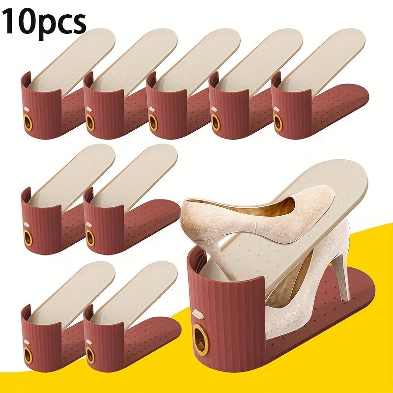 10PCS shoe rack with vertical design and gold ring. Made of durable polypropylene, it supports high heels and sneakers for stability 9.4*24.5CM