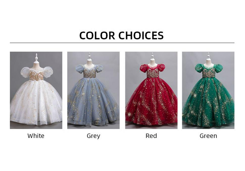 Girls' Princess Puff Sleeve Starlight Mesh Gown for Piano Performance & Banquet
