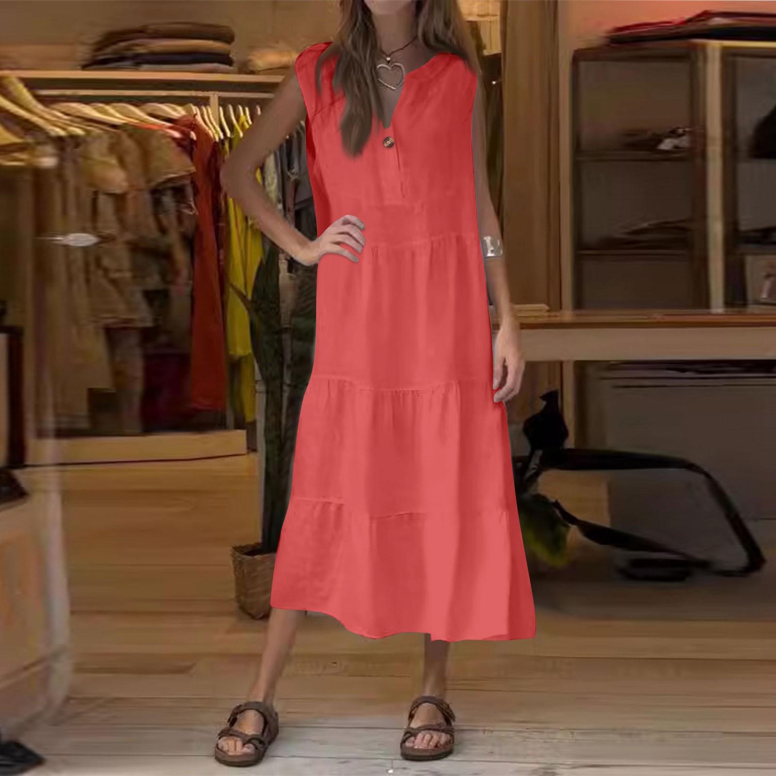 

Женская мода без рукавов плиссированное хлопковое льняное платье-жилет на пуговицах L горячий розовый