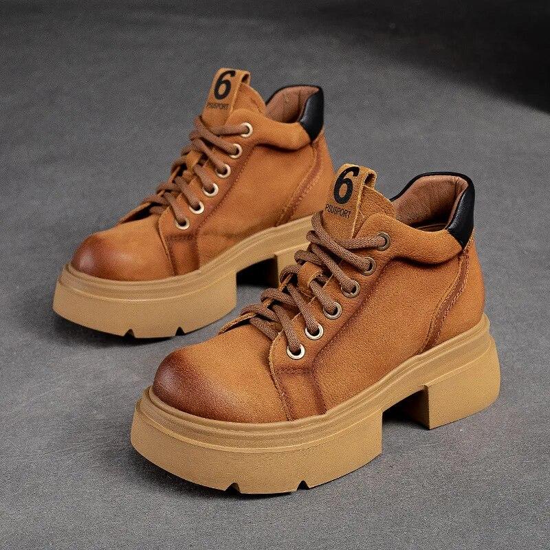 Johnature Retro Genuine Leather Lace-up Short Boots Round Toe Thick Sole Casual Versatile Women's Shoes