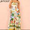 BITCED Spring/Summer Casual Maxi Dress for Women Spaghetti Strap Printed Linen 9 Colors Full-Skirted Dress