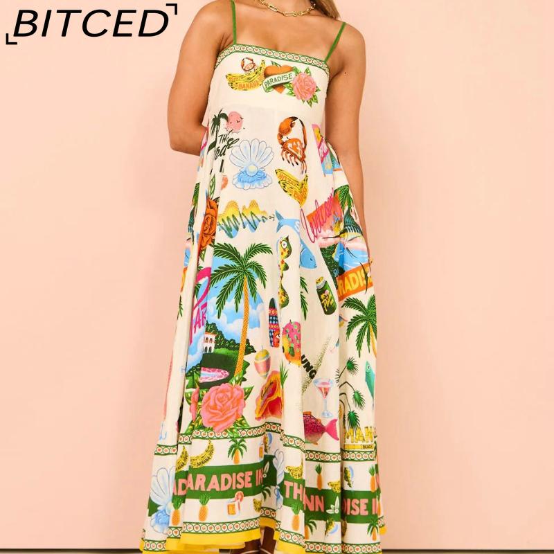 BITCED Spring/Summer Casual Maxi Dress for Women Spaghetti Strap Printed Linen 9 Colors Full-Skirted Dress