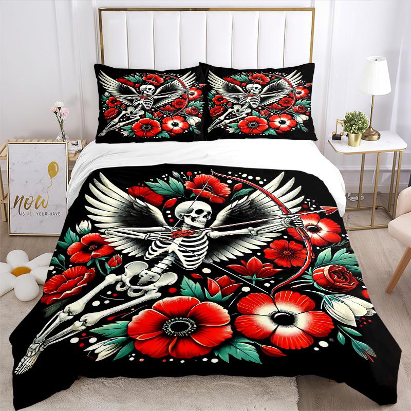 3pcs Skull with Wings Quilt Cover Set (1 Quilt Cover + 2 Pillowcases Without Pillow Core), High-Definition Printing for Home and Dormitory.J082