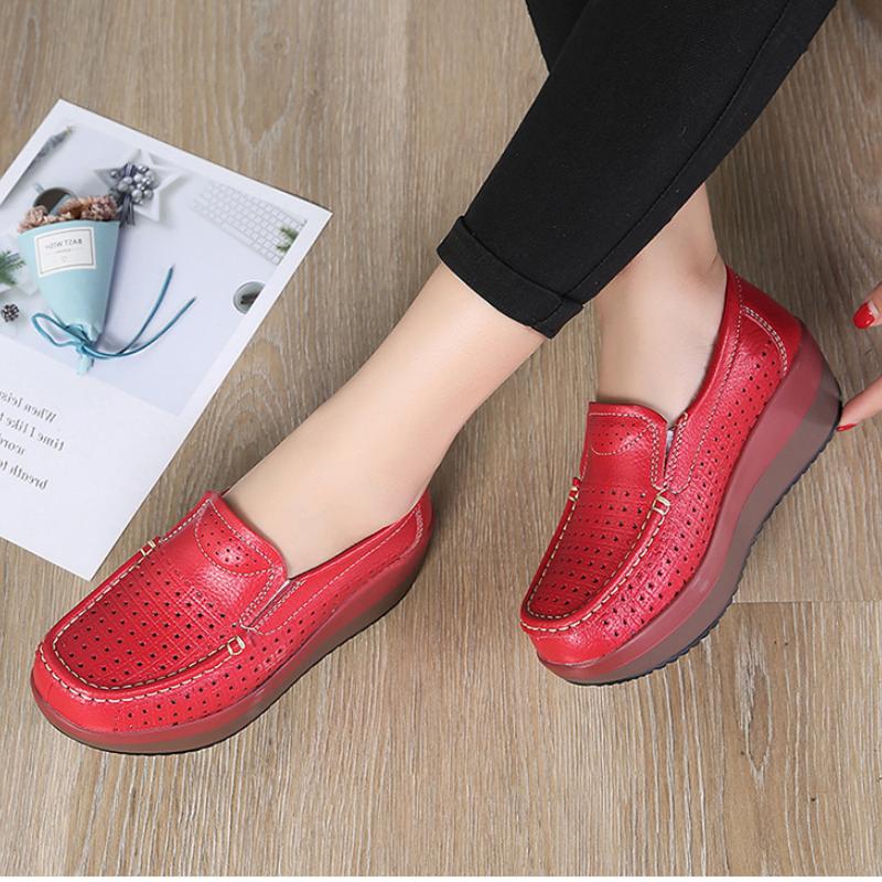 Genuine Leather Wedges Heels Shoes Fashion 5cm Platform Shoes Women Non-slip Walking Loafers