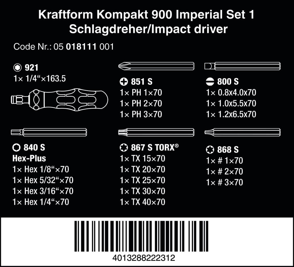 Wera 05018111001 Kraftform Kompakt 900 Interchangeable Set Imported from Screwdriver, 1-inch Size, 19-Piece [Officially Japan]