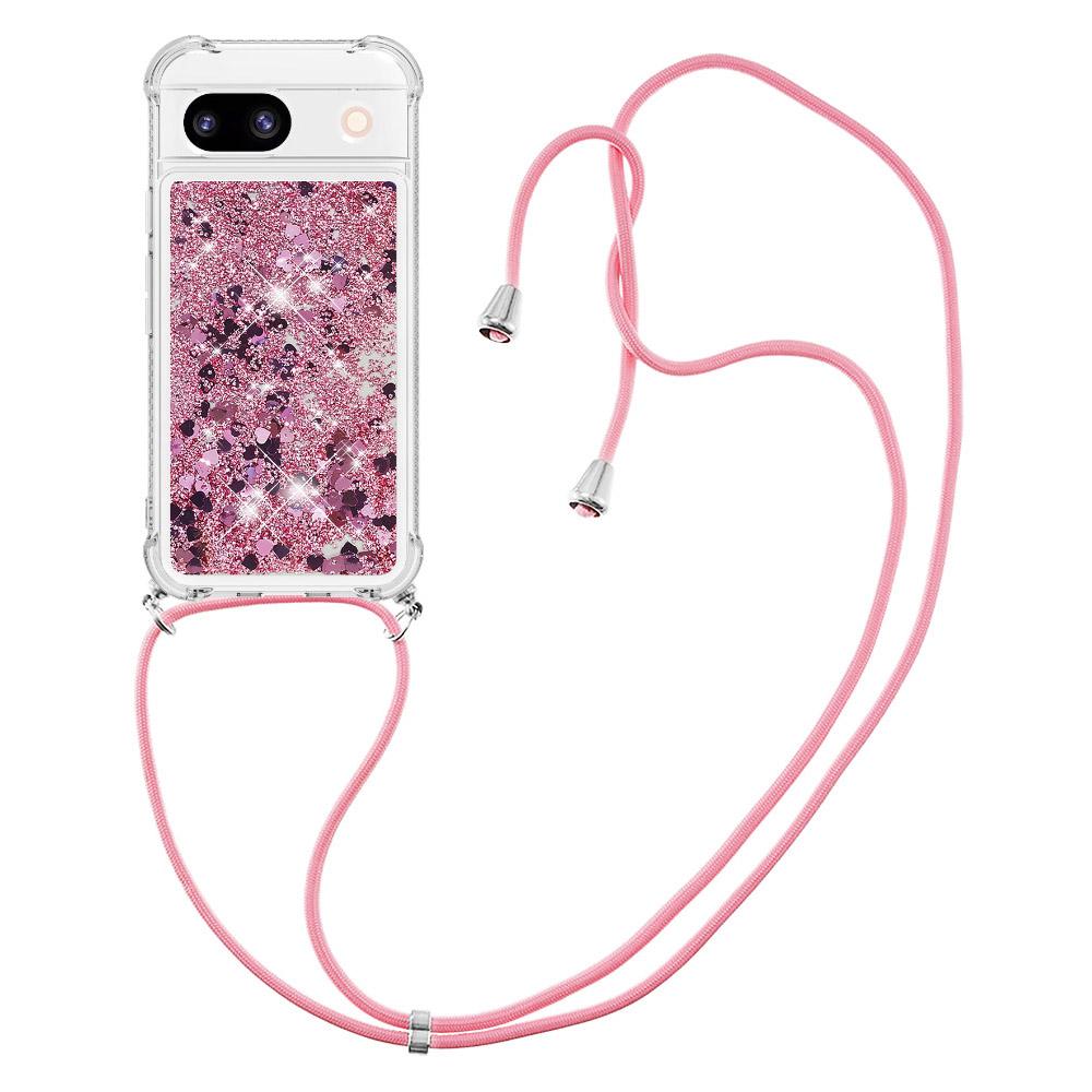 

For Google Pixel 8a TPU Case Quicksand Design Phone Cover with Lanyard Rose Gold/Hearts
