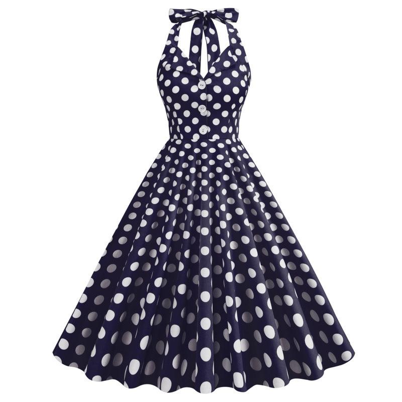 

Lapel women s clothing polka dot neck halter medium long pendulum, retro dress 2XL Темно-синій