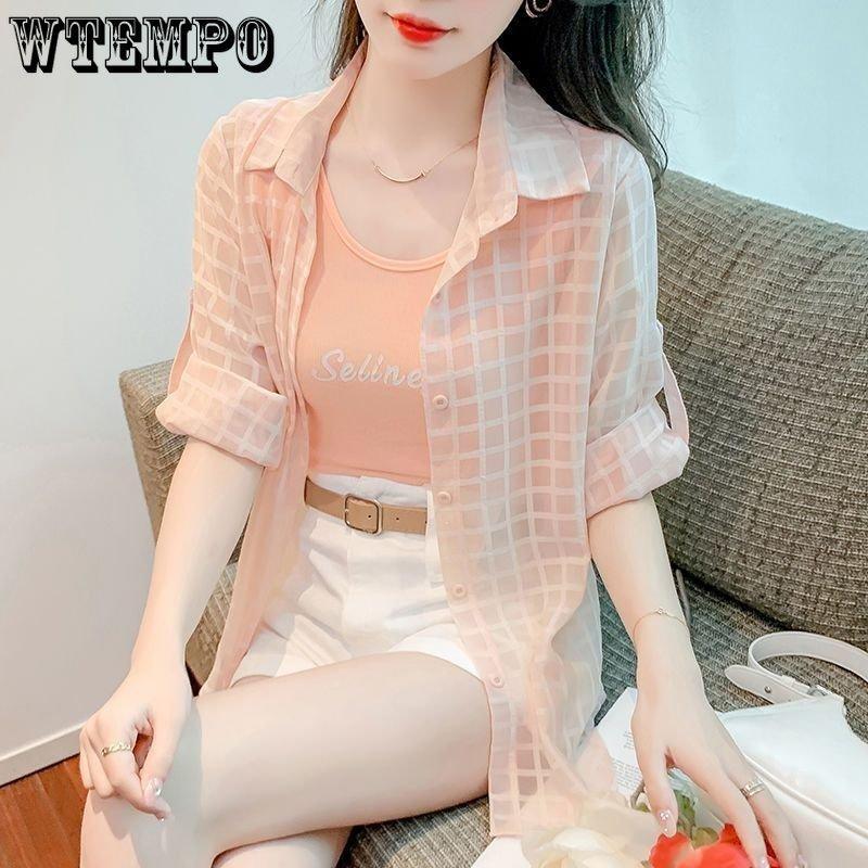 WTEMPO Summer Women's Sunscreen Clothing Open Light Plaid Jacket Chiffon Temperament Breathable Loose Long-sleeved