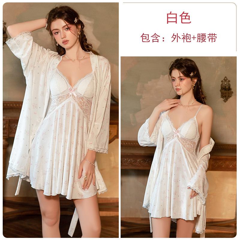Women's Velvet Lace Sheer Print Padded Push Up Cami Sleep Dress with Robe Lounge Set