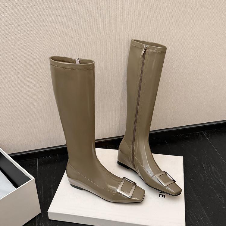 

Inner height increase 2025 autumn and winter square head square buckle side zipper but knee elastic thin boots tall fashion women s shoes 39 серый