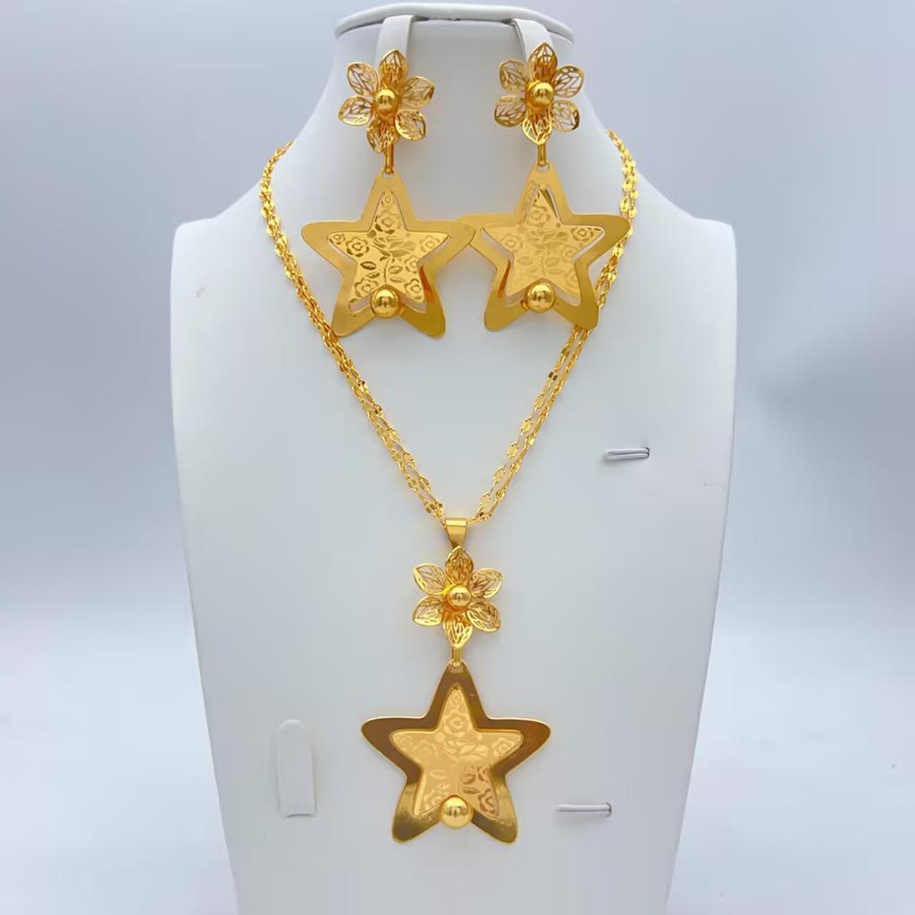 Dubai Copper Alloy Set Niche Women's 24K Pentagram Pendant Necklace Earrings Wedding Party African Jewelry