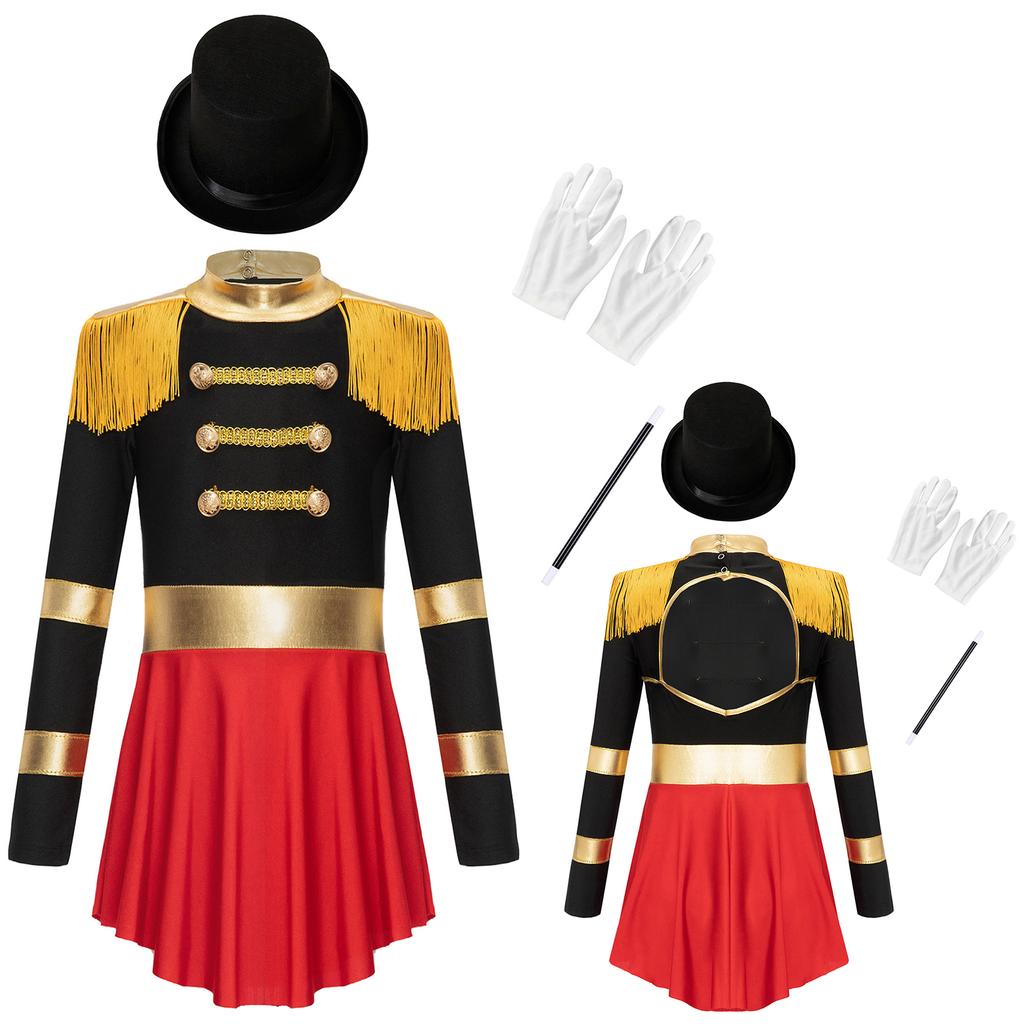 4Pcs Kids Girls Circus Magician Costume Complete Set: Long Sleeve Jumpsuit with Keyhole Back, Top Hat, Gloves & Wand for Halloween Show
