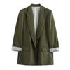 Faux Linen Roll-Up Sleeve Color Block Suit Jacket Autumn Women Fashionable Office Loose Blazer Coat Female Chic Outerwear