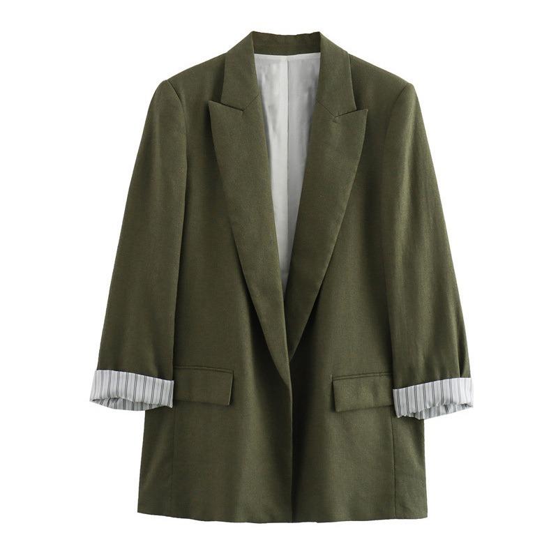 

Faux Linen Roll-Up Sleeve Color Block Suit Jacket Autumn Women Fashionable Office Loose Blazer Coat Female Chic Outerwear XS армія зелений колір