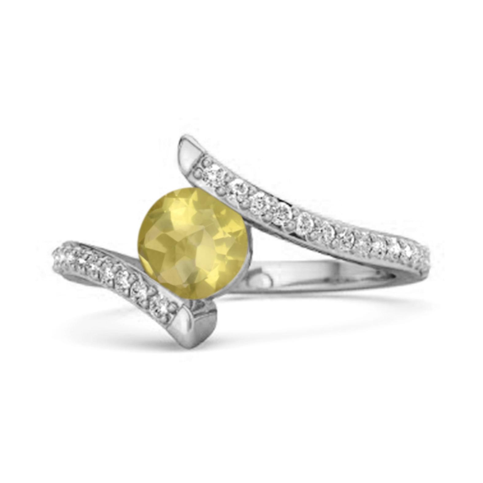 Lemon Quartz Contemporary Pave Bypass Ring - 925 Sterling Silver 7
