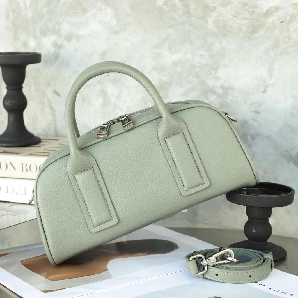 Women's Lightweight Genuine Leather Boston Pillow Bag - Luxury Retro Bowling Handbag & Casual Crossbody