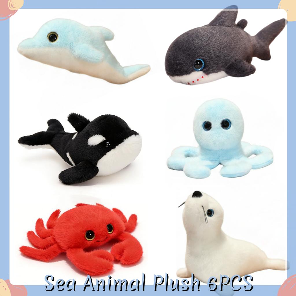 6Pcs Sea Animal Plush Toys Ocean Stuffed Animals 10'' Plush Whale Shark Turtle Seal Orca Octopus Party Favors Classroom Gifts
