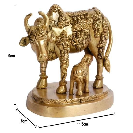 Cow and Calf Statue Brass Kamdhenu Vastu Devta Carving on Gau MATA Idol, Vastu Nandi Pooja Figurine Sculpture, for Home and Office