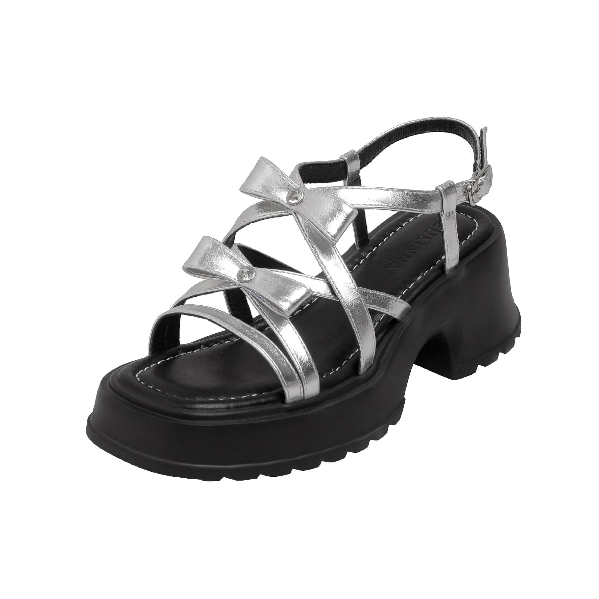 

2025 new summer sandals wear thick heel versatile fashion platform beach sandals word with bow women s summer 39 серебряный
