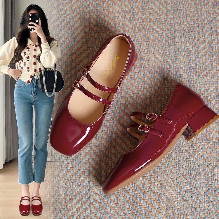 Mary Jane small leather shoes women's 2025 autumn new wedding burgundy high heels French thick heel light mouth single shoes