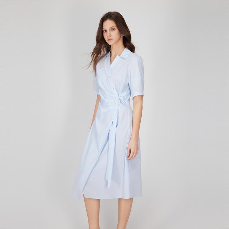 ELLE Solid Color Lapel Mid-Length Short Sleeve Dress Women dresses Blue EL48063