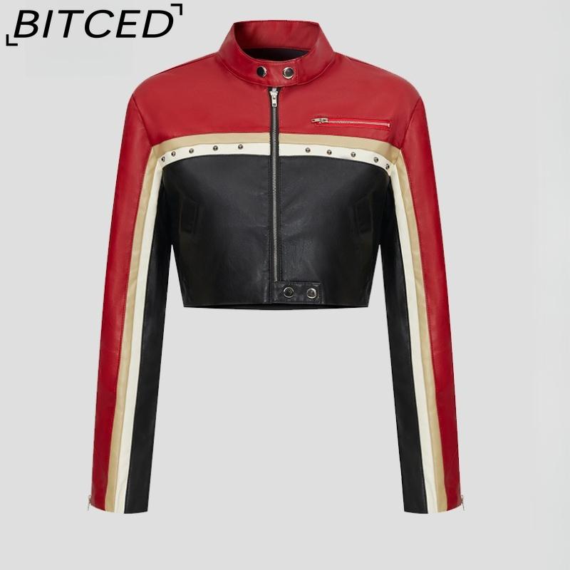 BITCED Color-Blocked PU Leather Waist-Exposing Cool-Chic Women's Jacket Biker Outfit