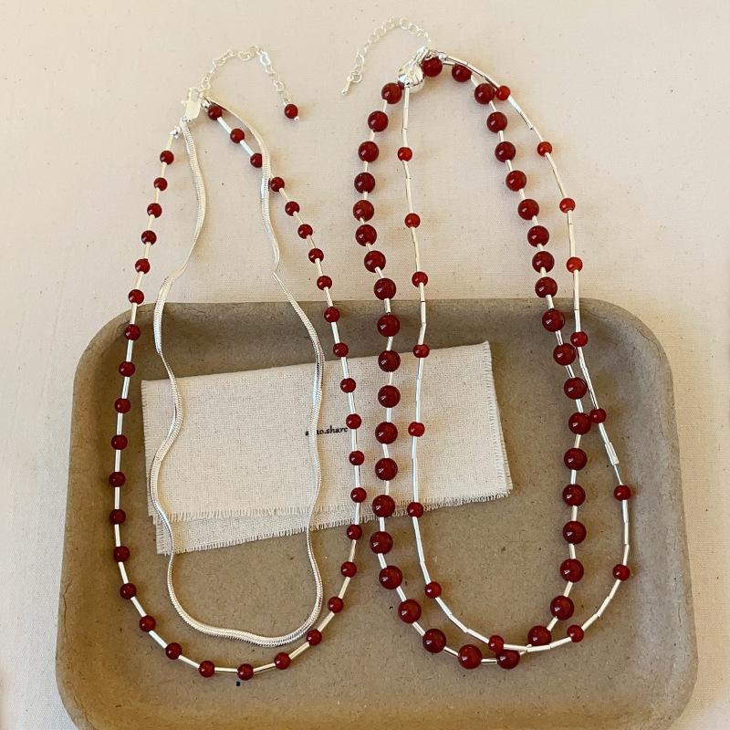 Simple Light Luxury Agate Beaded Double-Layer Stacked Necklace Female Personality Fashion Elegant Versatile Neck Chain Sweater Chain