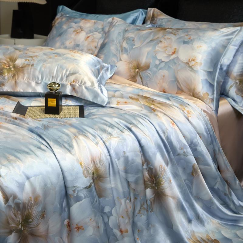 Luxurious Heavy Silk Four-Piece Double-Sided Mulberry Silk Duvet Set with Ice Silk Finish