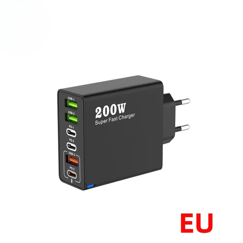 

200 Вт Супербыстрая зарядка 6 портов USB C Зарядное устройство PD3.0 USB C Type C Зарядное устройство для мобильного телефона для iPhone 16 Samsung Xiaomi ipad Phone EU Plug чёрный