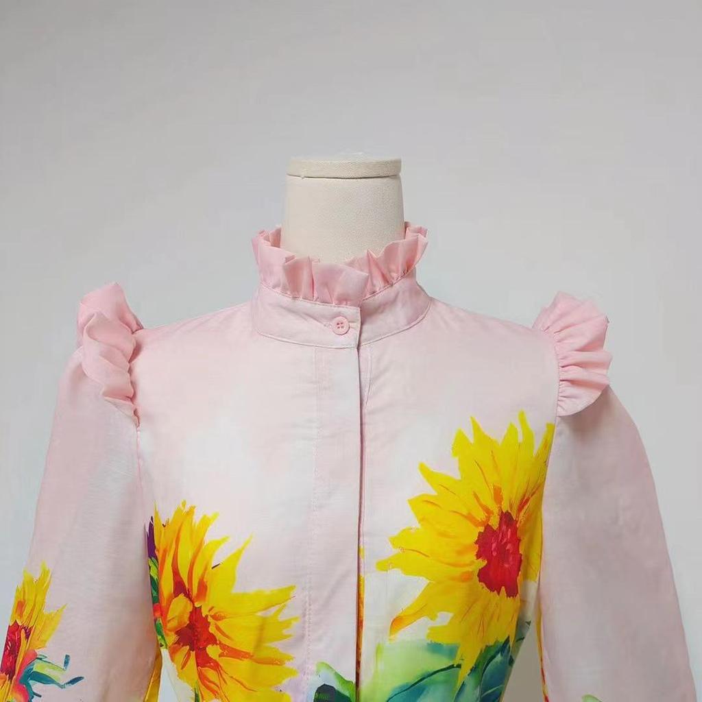 Sunflower Print Lace A-Line Dress with Stand-Up Collar & Long Sleeves