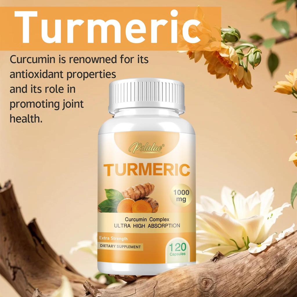 Pslalae Turmeric Capsules, for joint health, containing 1000 mg of turmeric complex, suitable for both men and women.