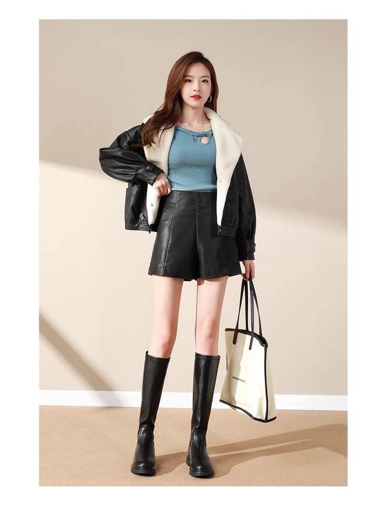 High Waist PU Leather A-Line Shorts for Women - 2023 Autumn/Winter Fashion, Korean Style, Slimming Wide Leg Booty Shorts