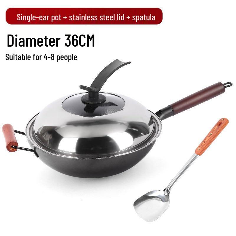 Uncoated Hand-Hammered Forged Iron Wok with Non-Stick Surface and Stir-Fry Spatula for Open Flame Household Cooking
