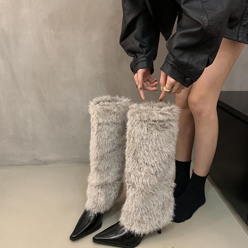 Fashion Design Style High Heels Women Knee-High Long Boots Pointed Toe Furry Ladies Long Booties Hottie botas de inverno feminina