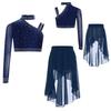 Girls Dance Costume Set Sparkly Rhinestones Crop Top with High-Low Chiffon Skirt