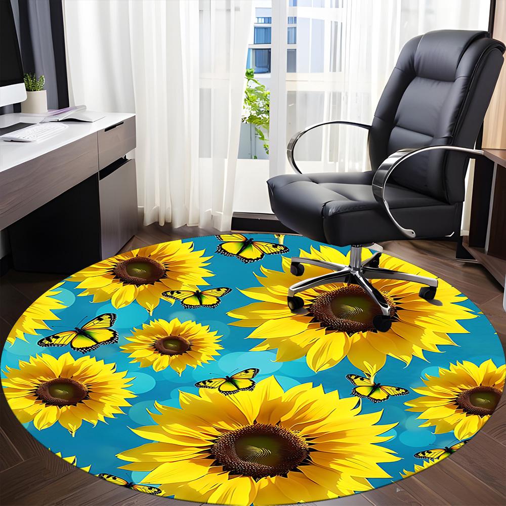 1pc Sunflowers Butterflies Office Round Area Rug, Indoor Mat Suitable For Office, Under Office Chairs Bedroom Living Room Home Decor, Room Deco