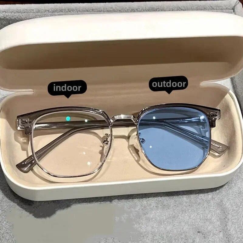 Photochromic Half Frame Myopic Glasses Outdoor Color Changing Near Sight Eyeglasses Anti-Blue Light Short Sight Eyewear