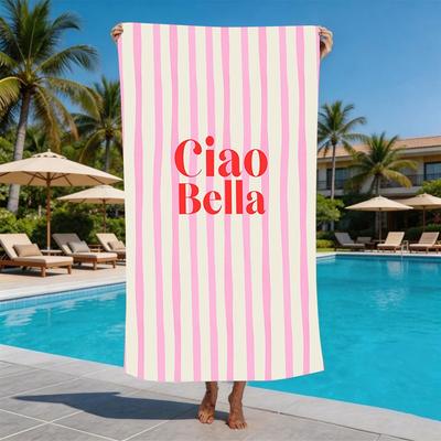 Striped "Ciao Bella" Print Beach Towel Italian Phrase Design Towel for Men and Women Ideal for Summer Beach Trips Activities