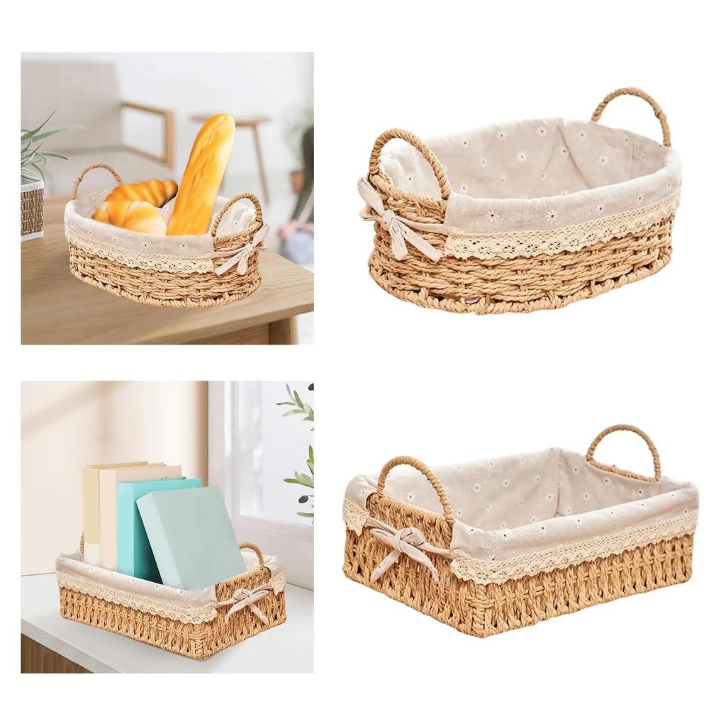 Woven Storage Baskets Kitchen Organizer Handwoven with Handles Cosmetic Box for Breakfast Fruit Bedroom Bathroom Home Decorative