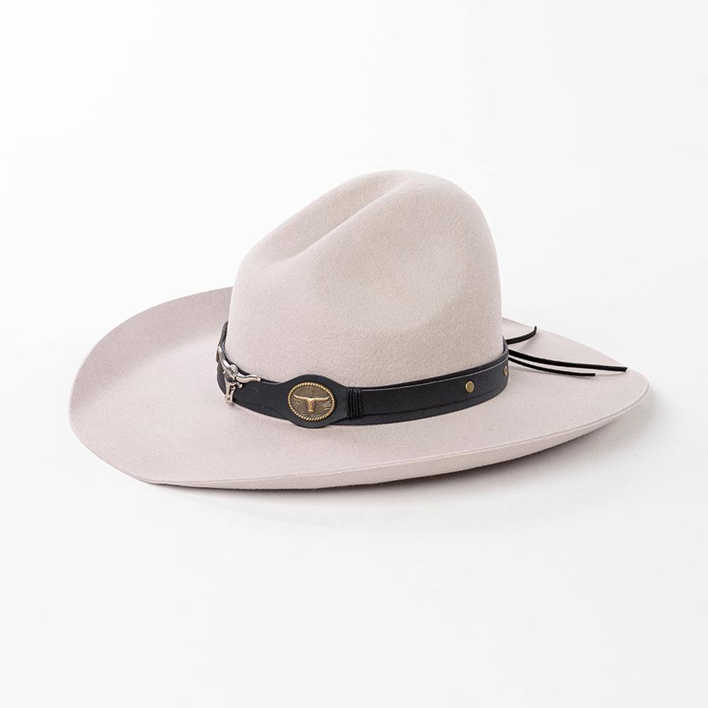 Big Head Western Cowboy Wool Hat with Metal Bull Head Embellishment Wide Brim Edge Design Horse Riding Music Festivals Hat