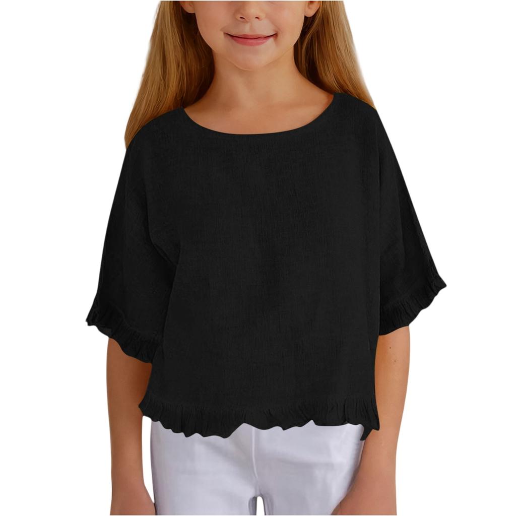 Sommer Kinder Rüschen Fünf-Minuten-Ärmel Mädchen Einfarbig Kinder Casual Rundhals Top