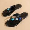 Fashion Bohemia Plastic Decoration Flip Flops Women New 2025 Summer Round Toe Low Heel Stitching Outdoor Slippers Fashion Beach Sandals