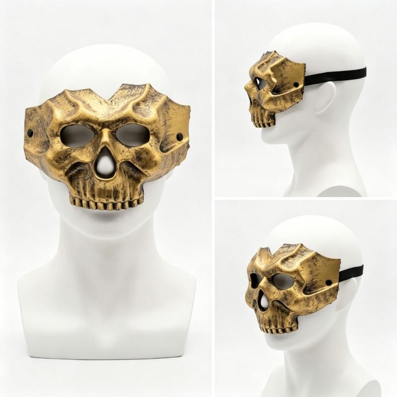 PU Skull Costume Mask with Half-Face Coverage, Gold Finish, Dark Shading, Eye Openings, and Open Nose and Mouth for Costume Party Wear