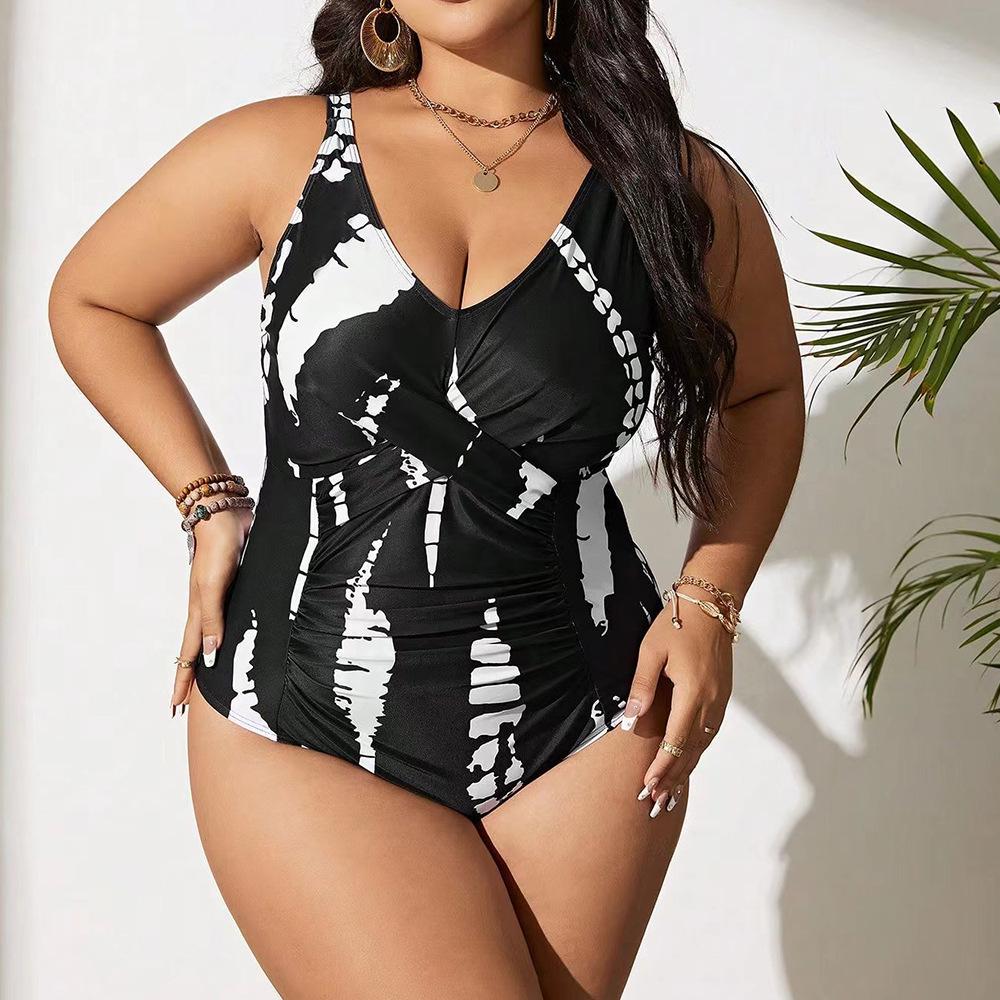 European & American Plus Size One-Piece Swimsuit: Conservative Cover-Up, Slimming Bikini Swimwear with Print Design for Women