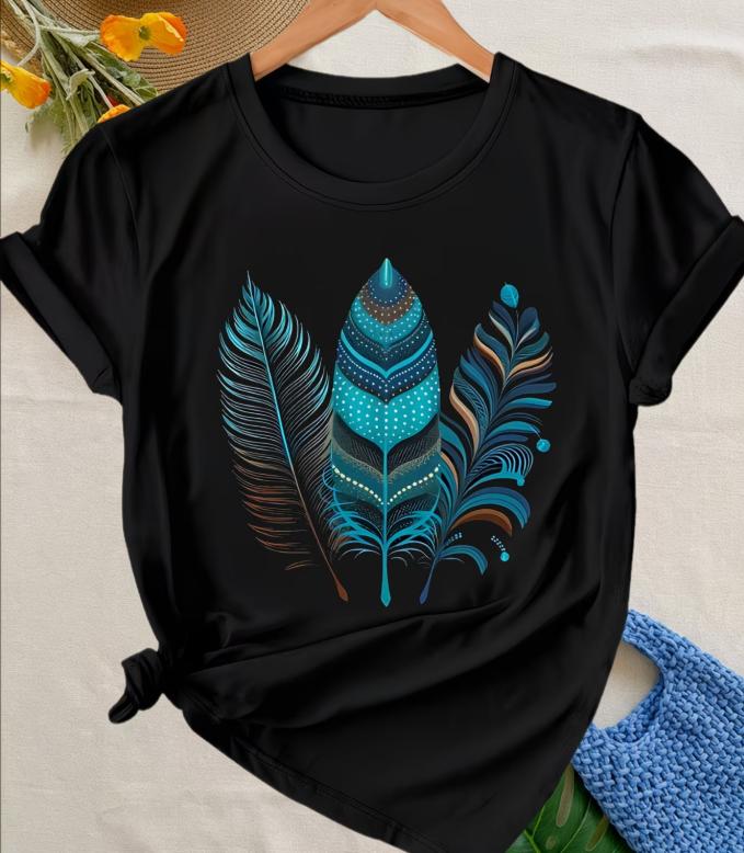 Unisex Boho Teal Feather T Shirt Tribal Feather Print Short Sleeve O Neck Casual Tops Black Summer Streetwear Daily Wear