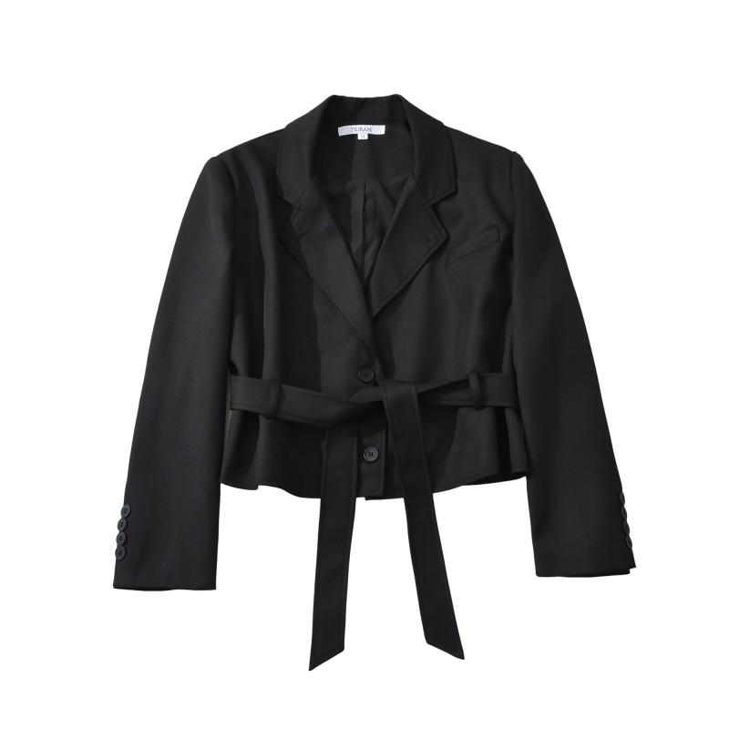 Womens Tailored Short Blazer Slim Fit Tie Waist Office Work Jacket