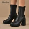 Fashion Pu Black Mid Calf Boots Women  Elegant Square Toe High Heel Chelsea Boots Botas Para Mujer Slip on Women's Botines